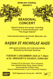 Poster for 2 December concern 7.30pm St Gregory's Church Dawlish
